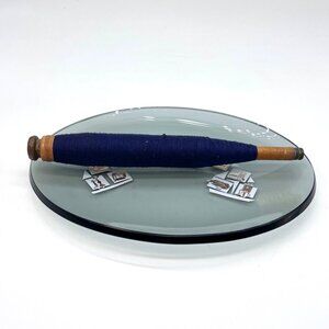 Vintage Bell Telephone Glass Dish with Wooden Textile Mill Spindle